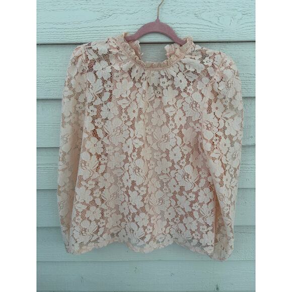 Blush Lace High Neck Blouse – Sheer Floral Romantic Top Size L - Picture 3 of 8